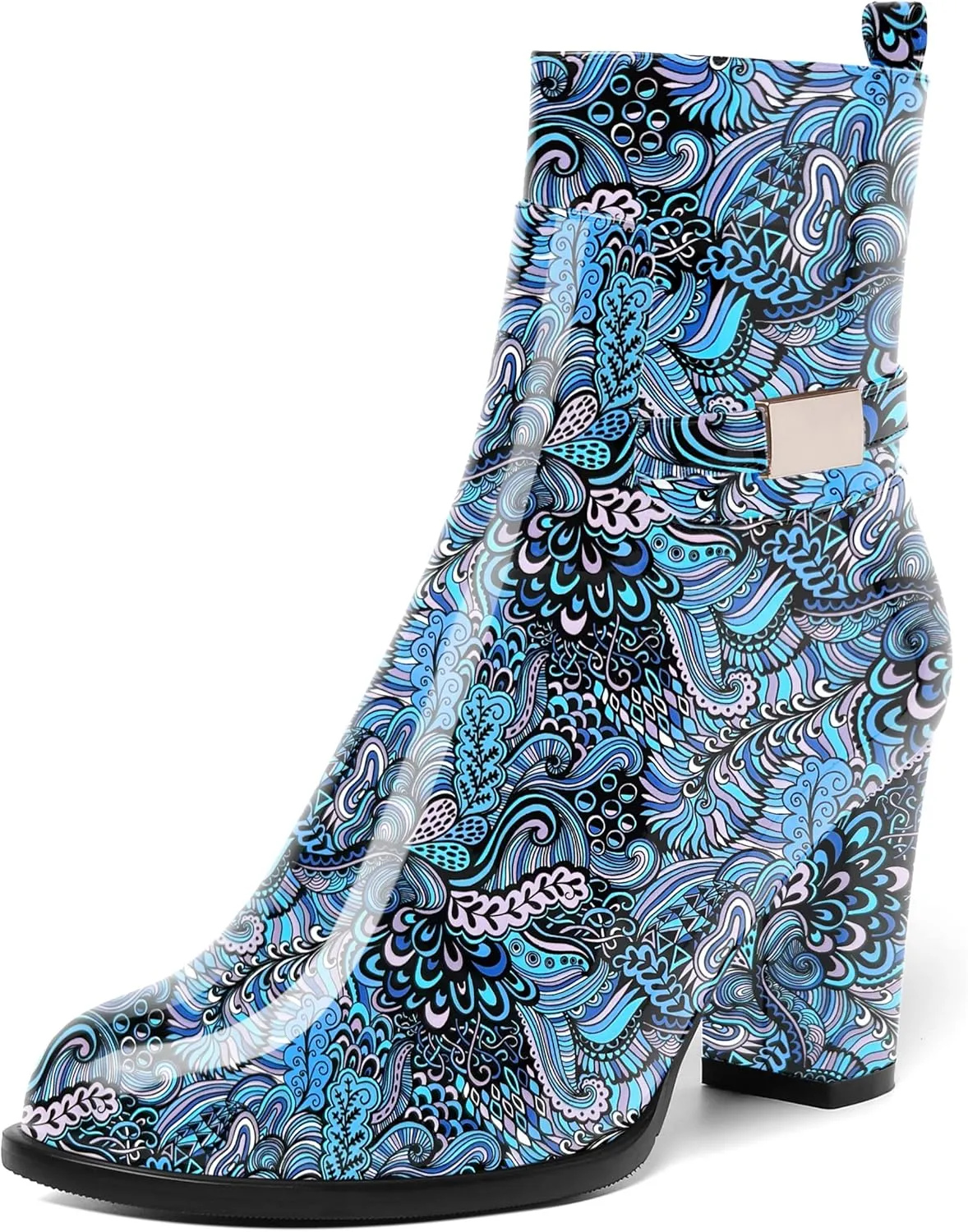 AMBELIGHT Womens Patent Zip Dress Boots Casual Round Toe Chunky High Heel Ankle High Boots 3.3 Inch