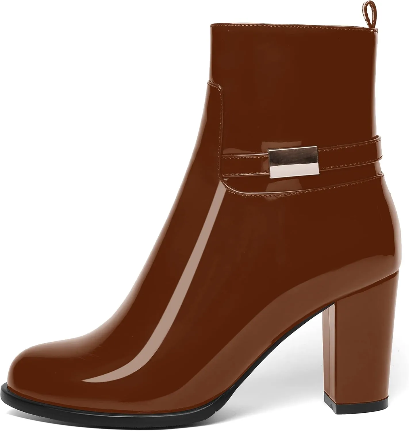 AMBELIGHT Womens Patent Zip Dress Boots Casual Round Toe Chunky High Heel Ankle High Boots 3.3 Inch