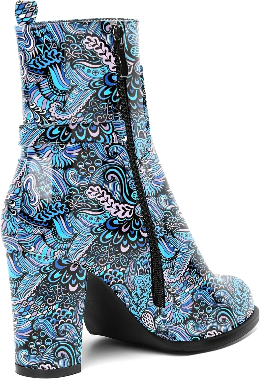 AMBELIGHT Womens Patent Zip Dress Boots Casual Round Toe Chunky High Heel Ankle High Boots 3.3 Inch