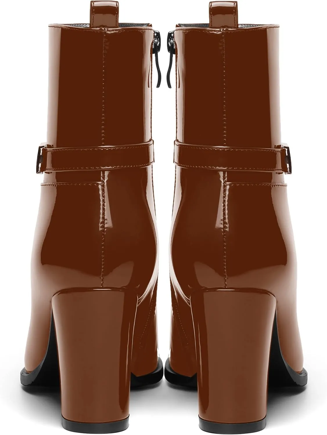 AMBELIGHT Womens Patent Zip Dress Boots Casual Round Toe Chunky High Heel Ankle High Boots 3.3 Inch