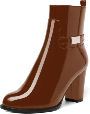 AMBELIGHT Womens Patent Zip Dress Boots Casual Round Toe Chunky High Heel Ankle High Boots 3.3 Inch