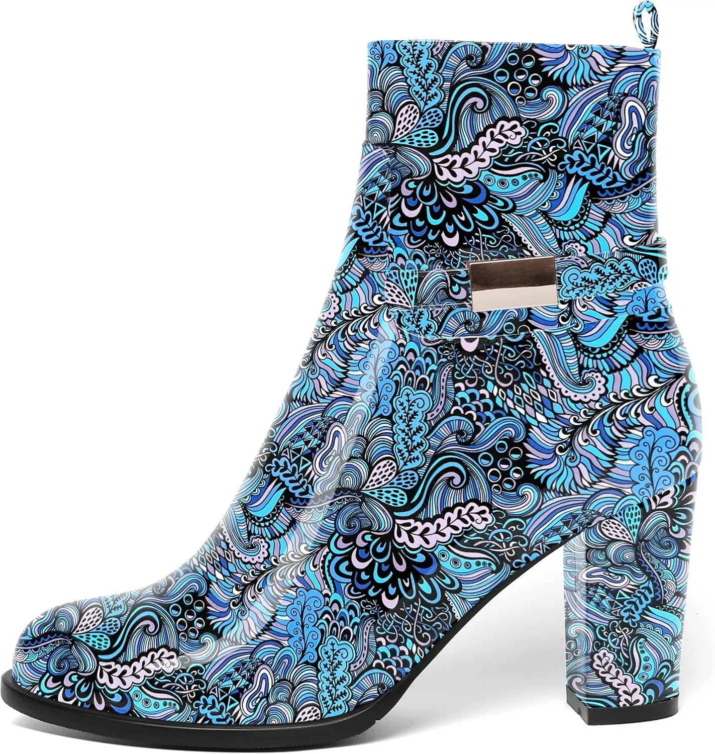 AMBELIGHT Womens Patent Zip Dress Boots Casual Round Toe Chunky High Heel Ankle High Boots 3.3 Inch