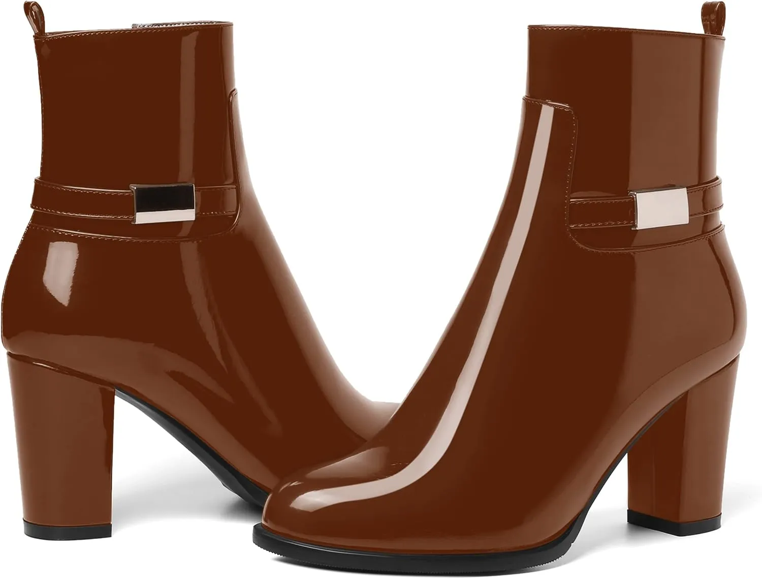 AMBELIGHT Womens Patent Zip Dress Boots Casual Round Toe Chunky High Heel Ankle High Boots 3.3 Inch
