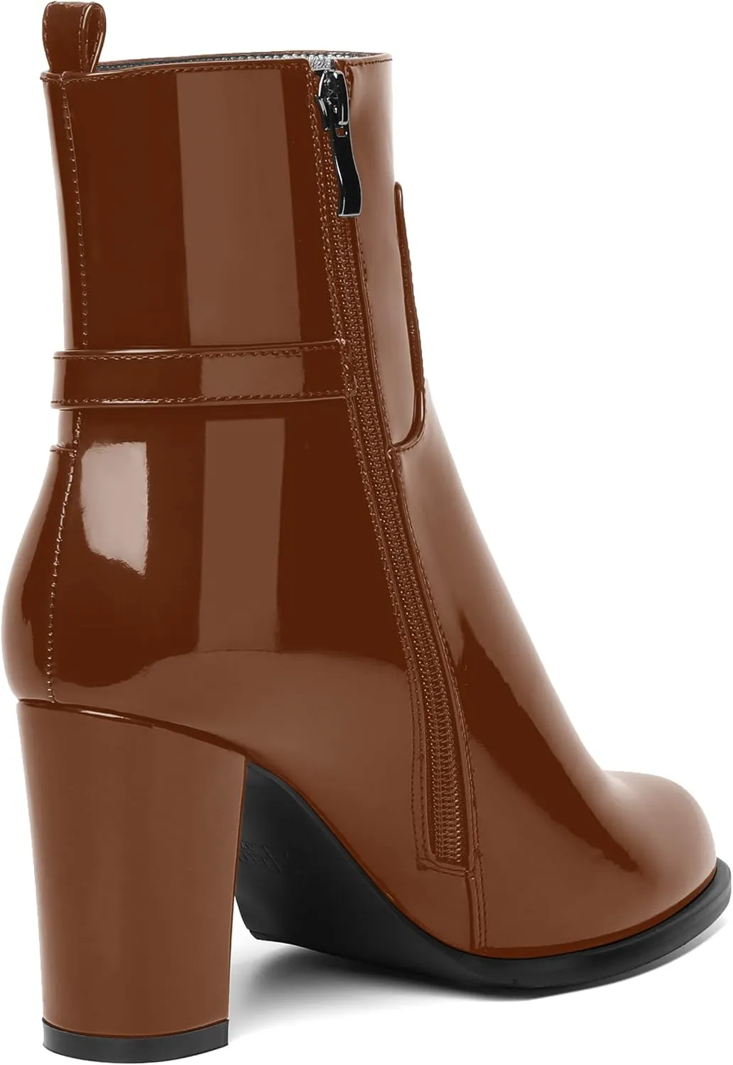 AMBELIGHT Womens Patent Zip Dress Boots Casual Round Toe Chunky High Heel Ankle High Boots 3.3 Inch