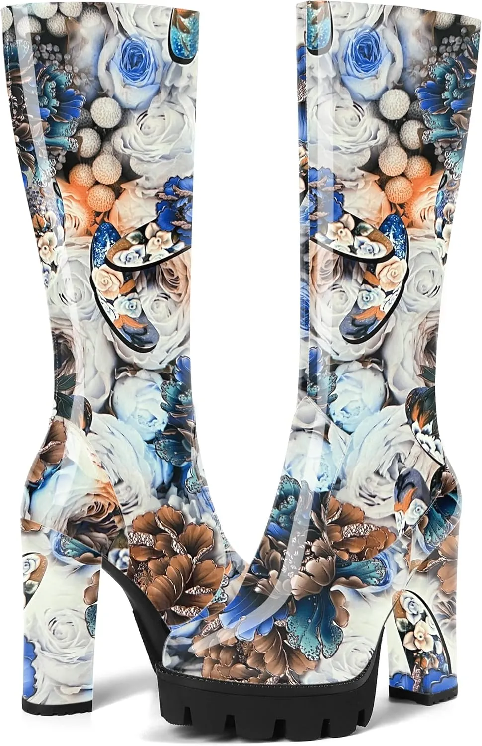 AMBELIGHT Womens Round Toe Zipper Platform Fashion Patent Lug Sole Knee High Block High Heel Mid Calf Boots 4.7 Inch
