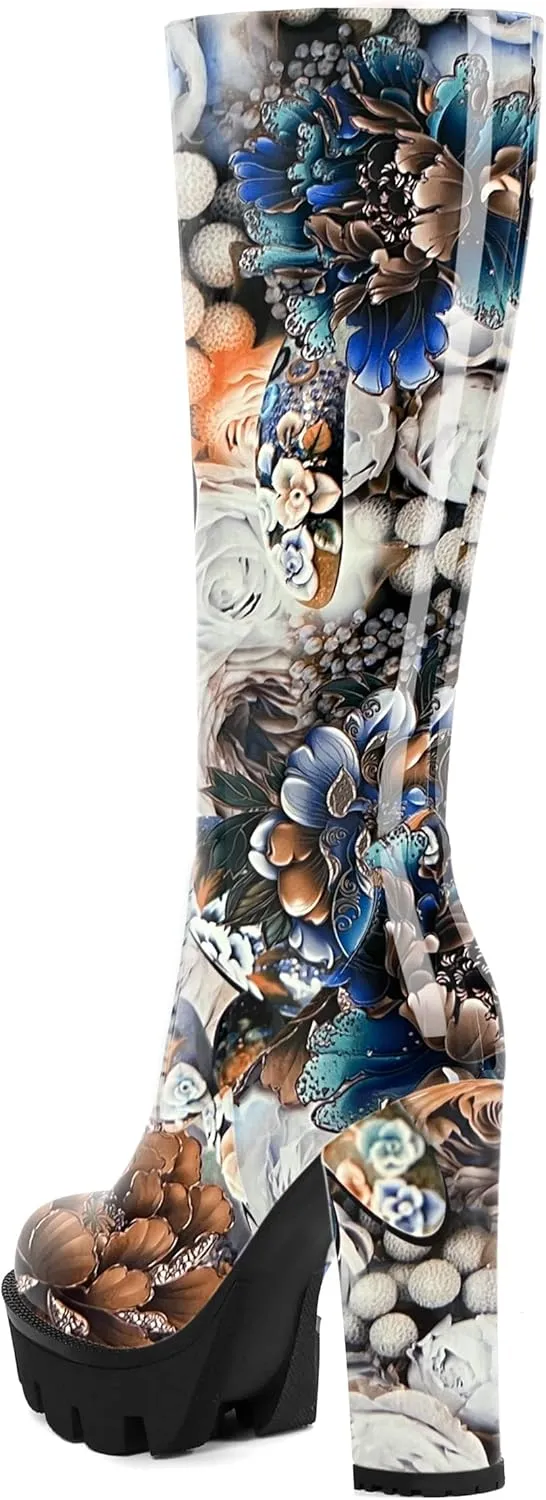 AMBELIGHT Womens Round Toe Zipper Platform Fashion Patent Lug Sole Knee High Block High Heel Mid Calf Boots 4.7 Inch
