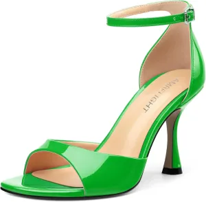AMBELIGHT Women's Sexy Stiletto High Kitten Patent Heels Ankle Strap Buckle Round Peep Open Toe Sandals Elegant Dress Office Party Wedding Shoes For Women 3.5 Inch