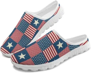 American Flag Print Mule Tennis Shoes for Women Classic Flats Shoes White EVA Sole Casual Sneaker Garden Clogs