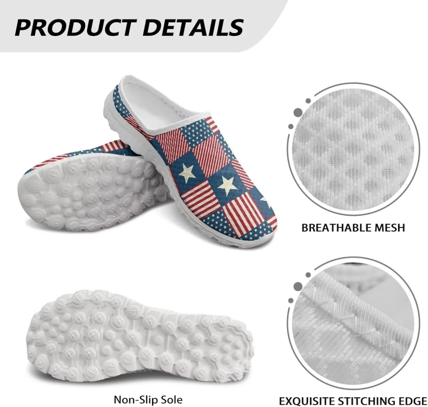 American Flag Print Mule Tennis Shoes for Women Classic Flats Shoes White EVA Sole Casual Sneaker Garden Clogs
