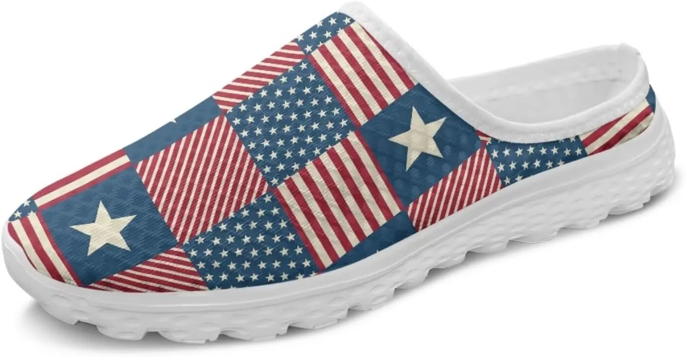 American Flag Print Mule Tennis Shoes for Women Classic Flats Shoes White EVA Sole Casual Sneaker Garden Clogs