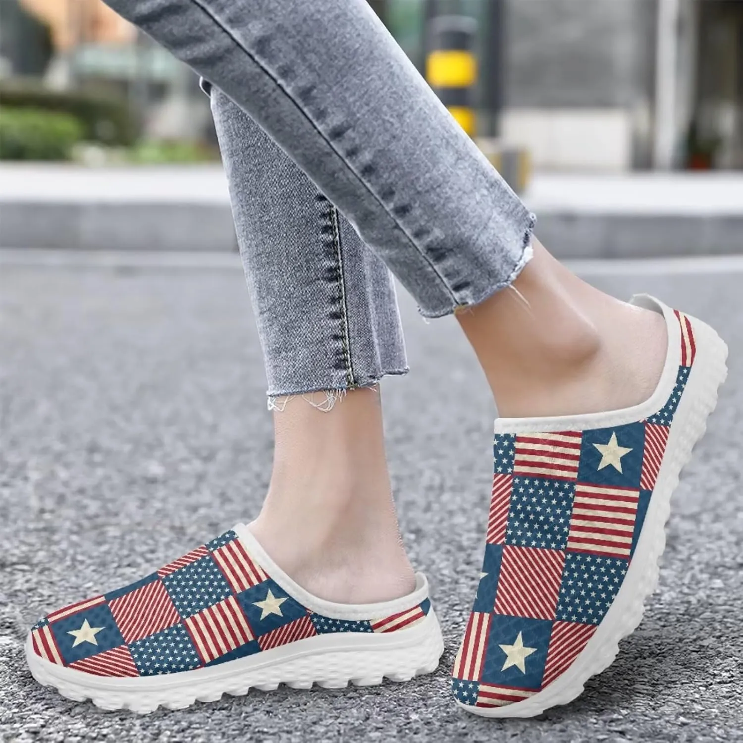 American Flag Print Mule Tennis Shoes for Women Classic Flats Shoes White EVA Sole Casual Sneaker Garden Clogs