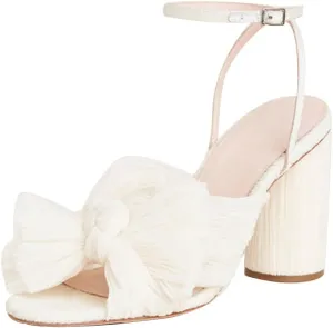 AMINUGAL Womens Heeled Sandals Pleated Bow Knot Ankle Strap Open Toe High Block Chunky Heels Sandals Bridal Wedding Dress Shoes Pumps
