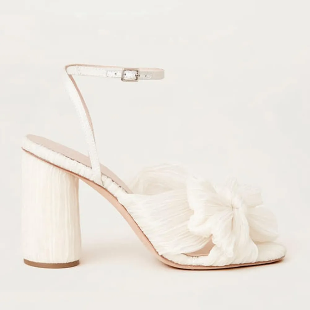 AMINUGAL Womens Heeled Sandals Pleated Bow Knot Ankle Strap Open Toe High Block Chunky Heels Sandals Bridal Wedding Dress Shoes Pumps
