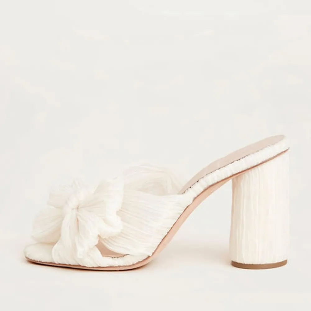 AMINUGAL Womens Heeled Sandals Pleated Bow Knot Ankle Strap Open Toe High Block Chunky Heels Sandals Bridal Wedding Dress Shoes Pumps