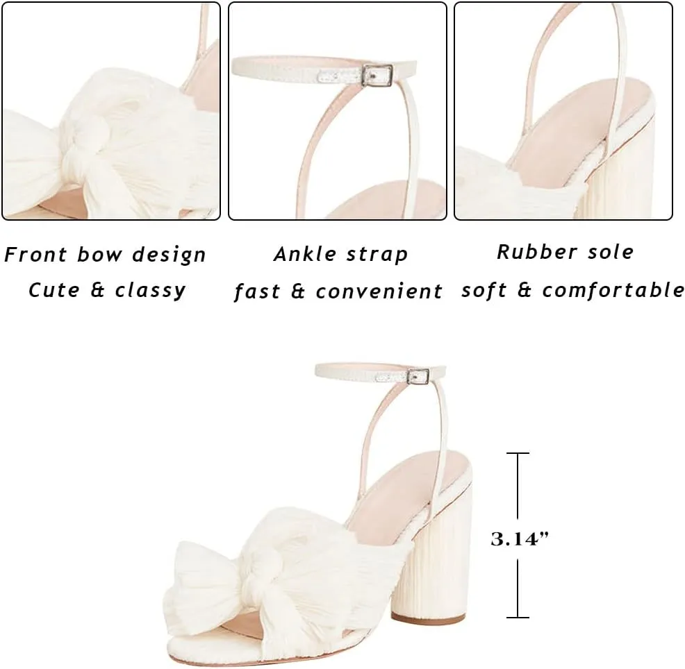 AMINUGAL Womens Heeled Sandals Pleated Bow Knot Ankle Strap Open Toe High Block Chunky Heels Sandals Bridal Wedding Dress Shoes Pumps