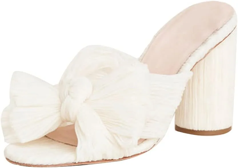 AMINUGAL Womens Heeled Sandals Pleated Bow Knot Ankle Strap Open Toe High Block Chunky Heels Sandals Bridal Wedding Dress Shoes Pumps