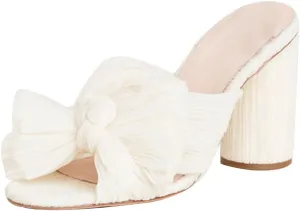 AMINUGAL Womens Heeled Sandals Pleated Bow Knot Ankle Strap Open Toe High Block Chunky Heels Sandals Bridal Wedding Dress Shoes Pumps