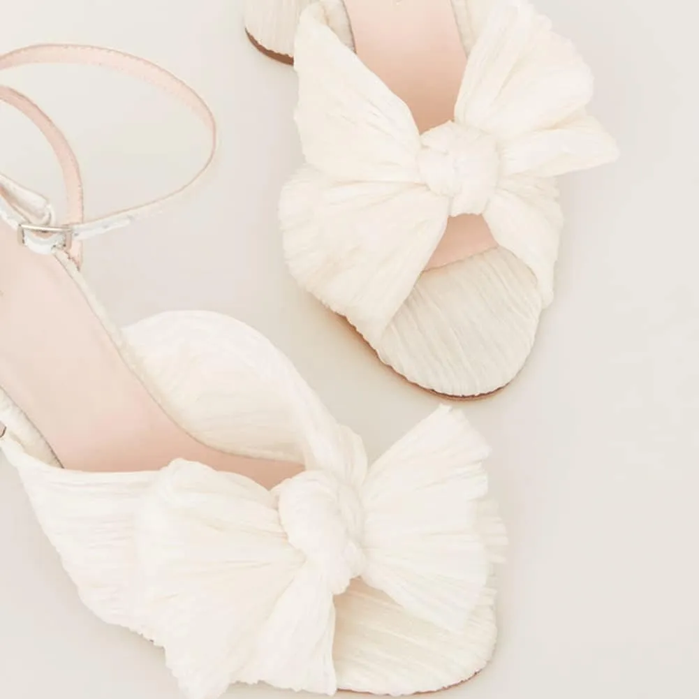 AMINUGAL Womens Heeled Sandals Pleated Bow Knot Ankle Strap Open Toe High Block Chunky Heels Sandals Bridal Wedding Dress Shoes Pumps