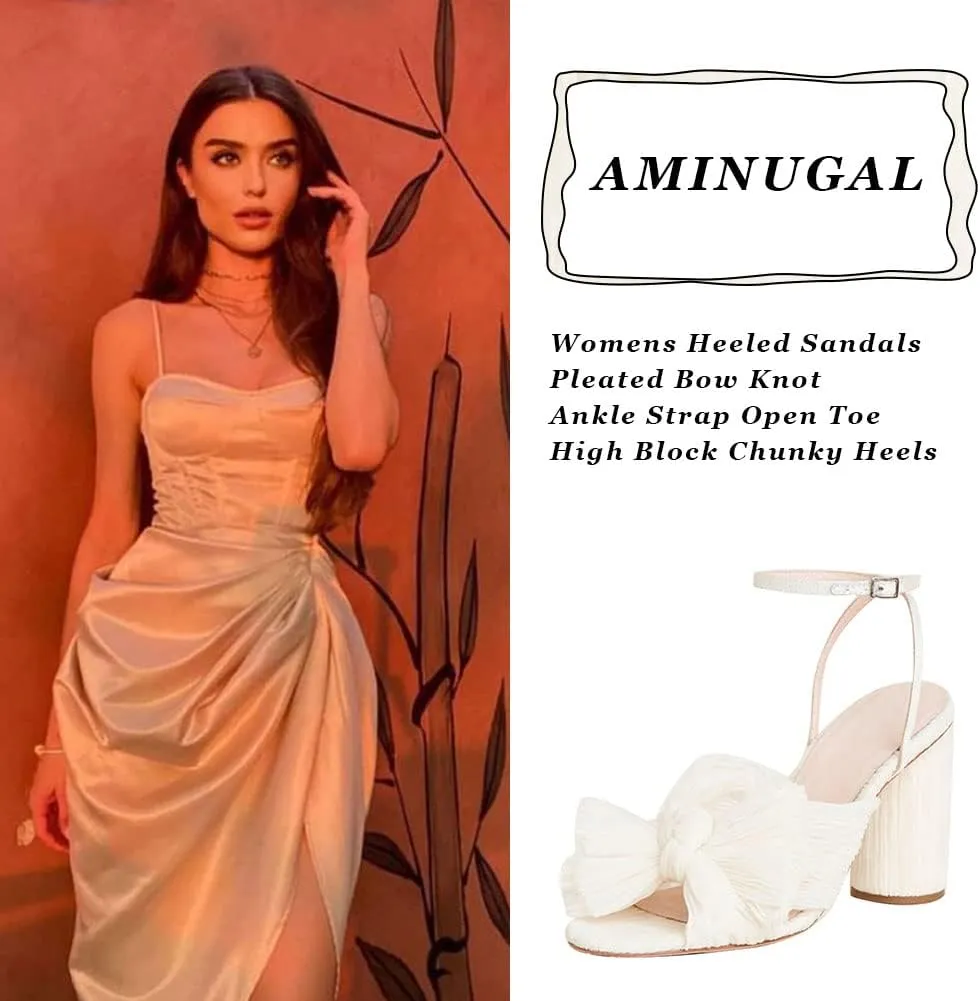 AMINUGAL Womens Heeled Sandals Pleated Bow Knot Ankle Strap Open Toe High Block Chunky Heels Sandals Bridal Wedding Dress Shoes Pumps
