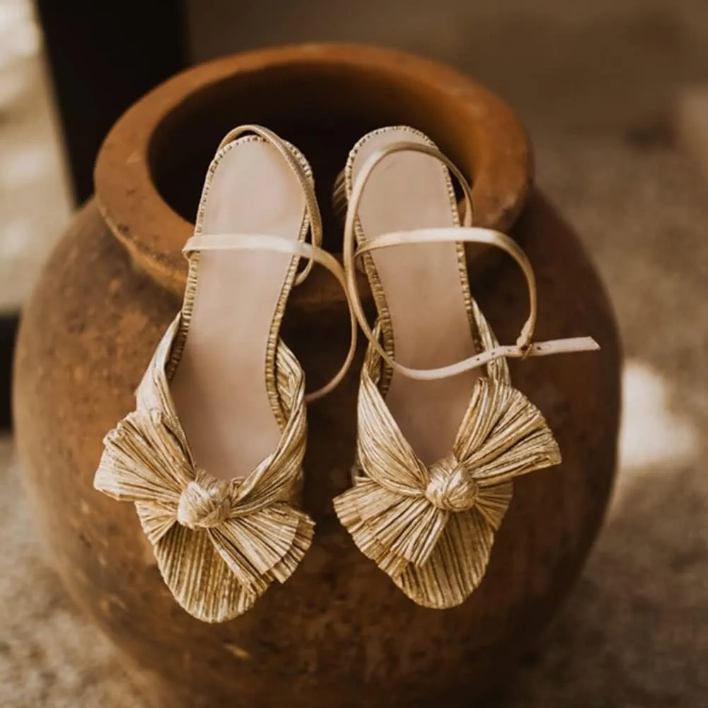 AMINUGAL Womens Heeled Sandals Pleated Bow Knot Ankle Strap Open Toe High Block Chunky Heels Sandals Bridal Wedding Dress Shoes Pumps