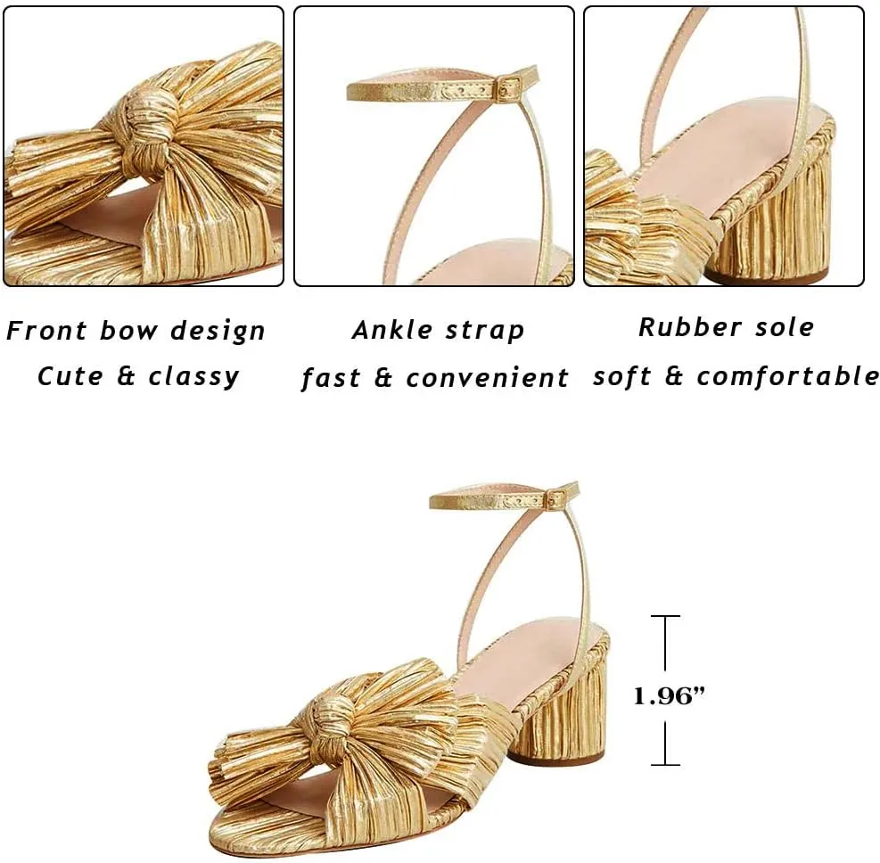 AMINUGAL Womens Heeled Sandals Pleated Bow Knot Ankle Strap Open Toe High Block Chunky Heels Sandals Bridal Wedding Dress Shoes Pumps