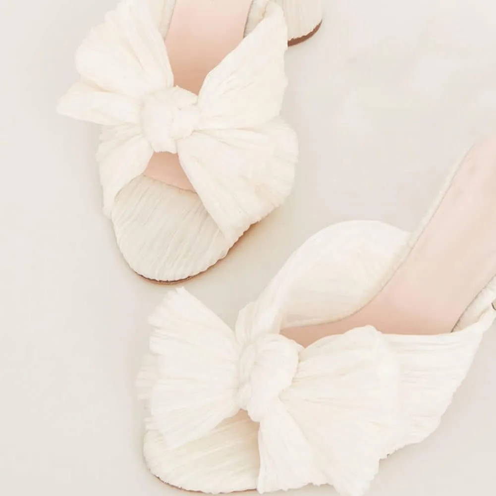 AMINUGAL Womens Heeled Sandals Pleated Bow Knot Ankle Strap Open Toe High Block Chunky Heels Sandals Bridal Wedding Dress Shoes Pumps
