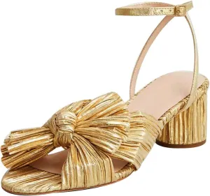 AMINUGAL Womens Heeled Sandals Pleated Bow Knot Ankle Strap Open Toe High Block Chunky Heels Sandals Bridal Wedding Dress Shoes Pumps