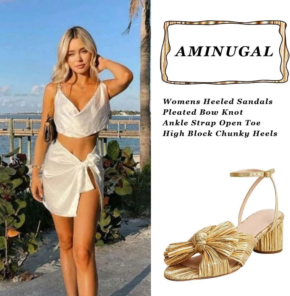 AMINUGAL Womens Heeled Sandals Pleated Bow Knot Ankle Strap Open Toe High Block Chunky Heels Sandals Bridal Wedding Dress Shoes Pumps