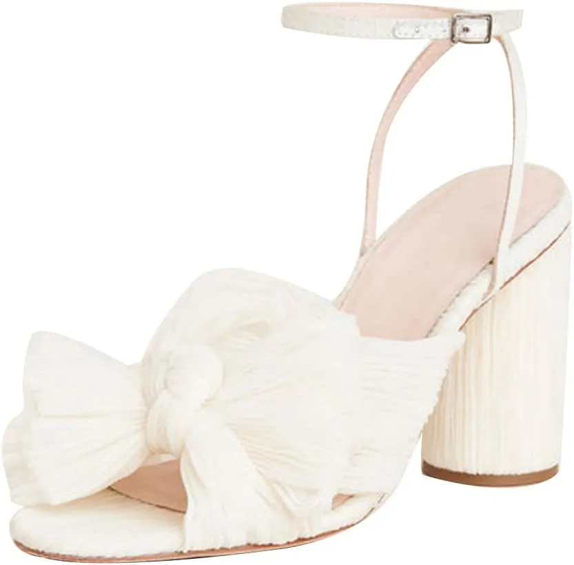 AMINUGAL Womens Heeled Sandals Pleated Bow Knot Ankle Strap Open Toe High Block Chunky Heels Sandals Bridal Wedding Dress Shoes Pumps