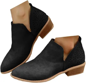 Ankle Booties for Women Casual Short Chunky Stacked Heel Slip On Hollow out Low Heel Side V Cut Western Booties Cutout Shoes
