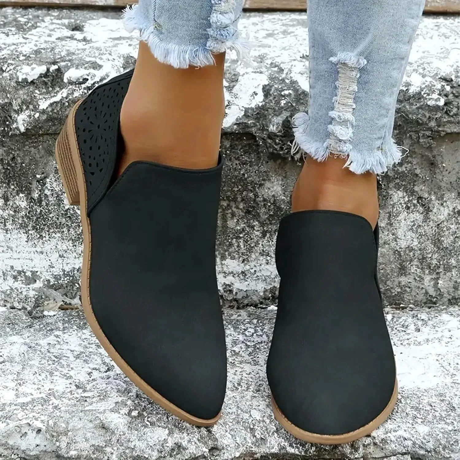 Ankle Booties for Women Casual Short Chunky Stacked Heel Slip On Hollow out Low Heel Side V Cut Western Booties Cutout Shoes
