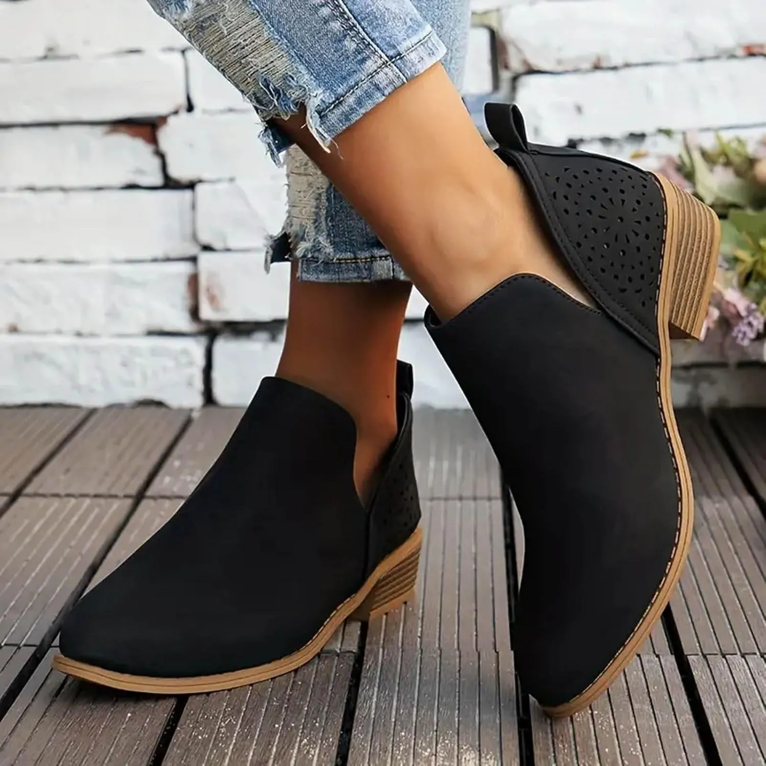 Ankle Booties for Women Casual Short Chunky Stacked Heel Slip On Hollow out Low Heel Side V Cut Western Booties Cutout Shoes