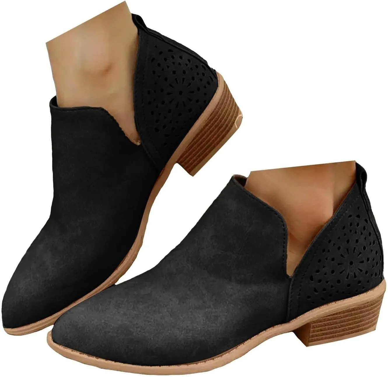 Ankle Booties for Women Casual Short Chunky Stacked Heel Slip On Hollow out Low Heel Side V Cut Western Booties Cutout Shoes