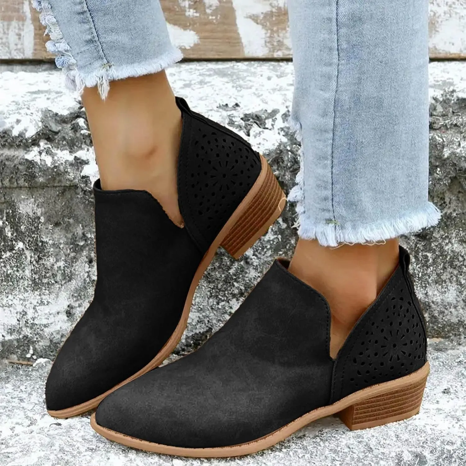 Ankle Booties for Women Casual Short Chunky Stacked Heel Slip On Hollow out Low Heel Side V Cut Western Booties Cutout Shoes