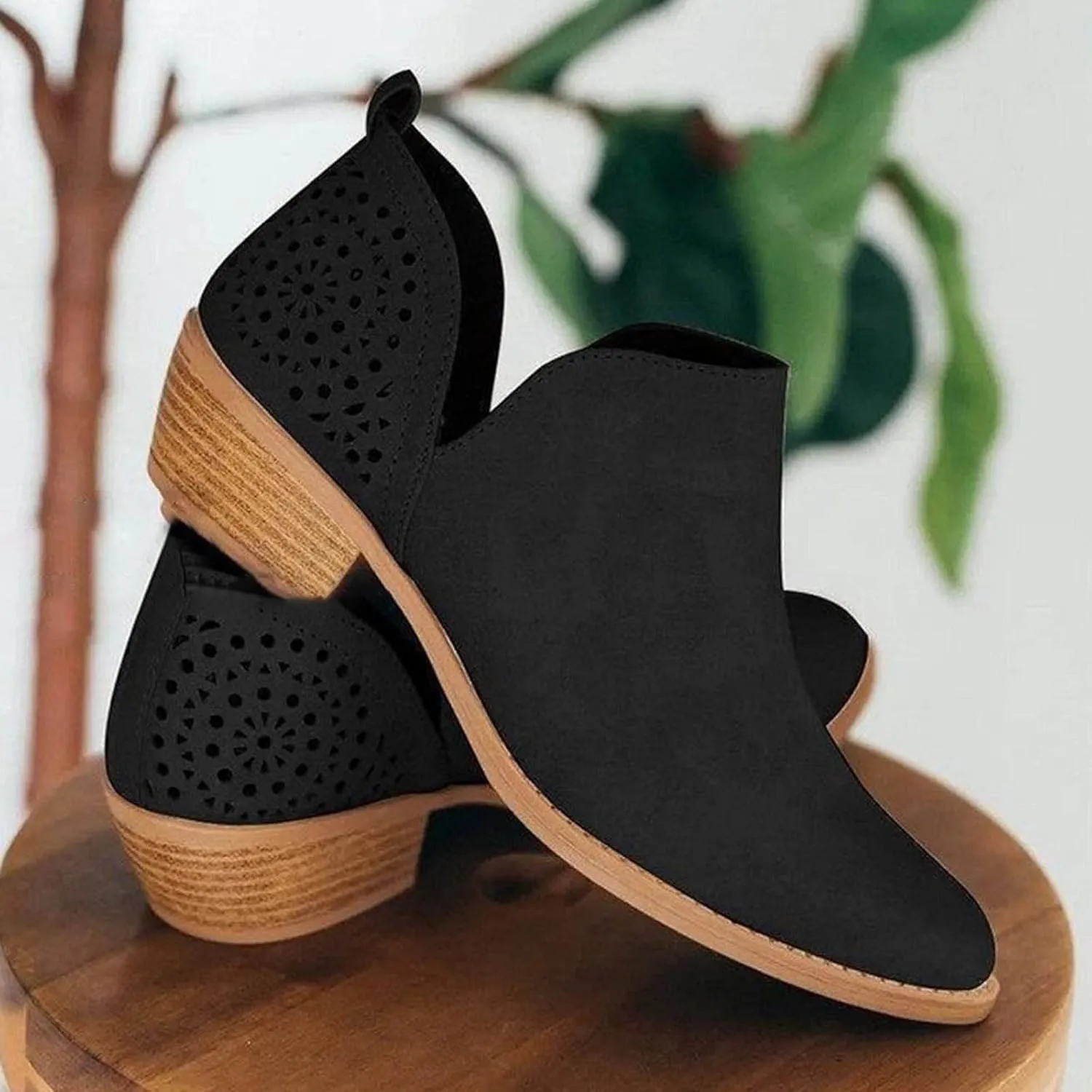 Ankle Booties for Women Casual Short Chunky Stacked Heel Slip On Hollow out Low Heel Side V Cut Western Booties Cutout Shoes
