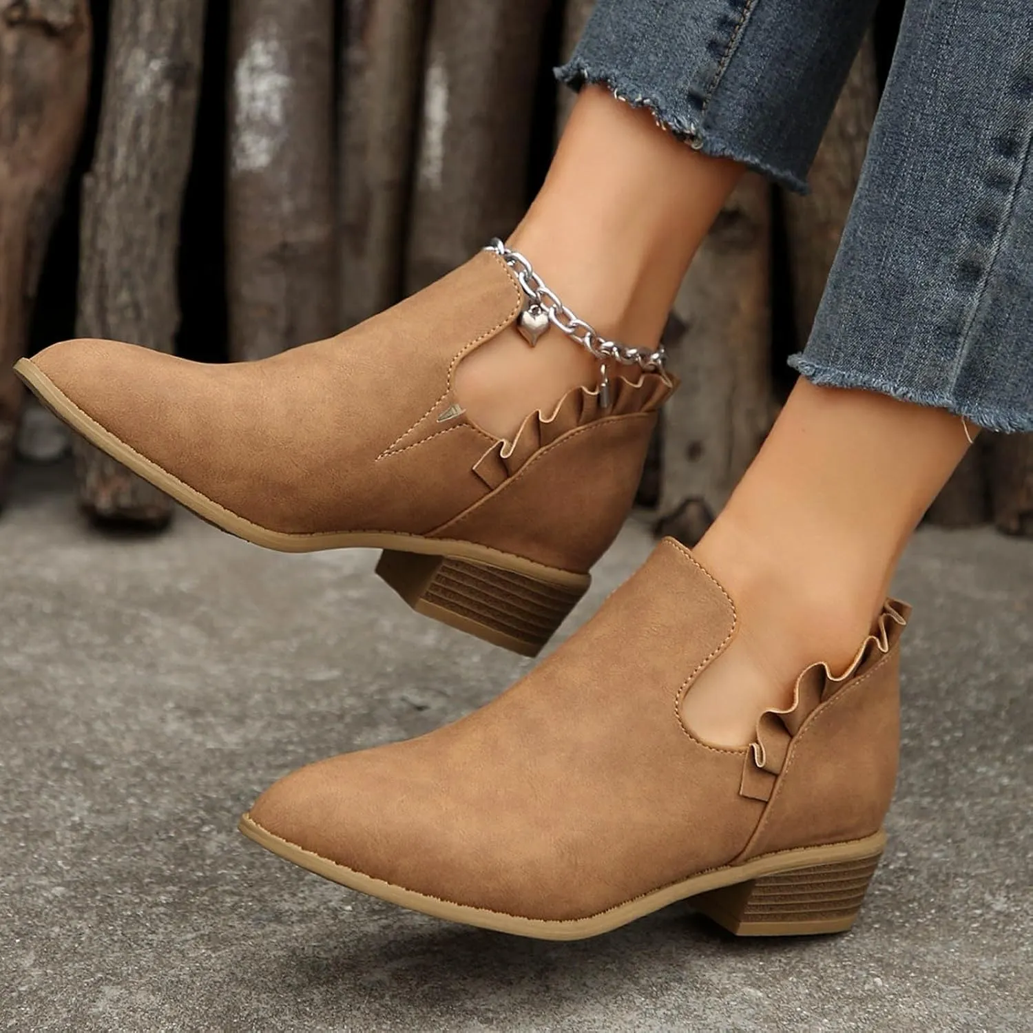 Ankle Boots for Women Chunky Stacked Low Heel Boots Fall Cutout Booties Causal Ruffle Slip On Dress Short Booties Shoes