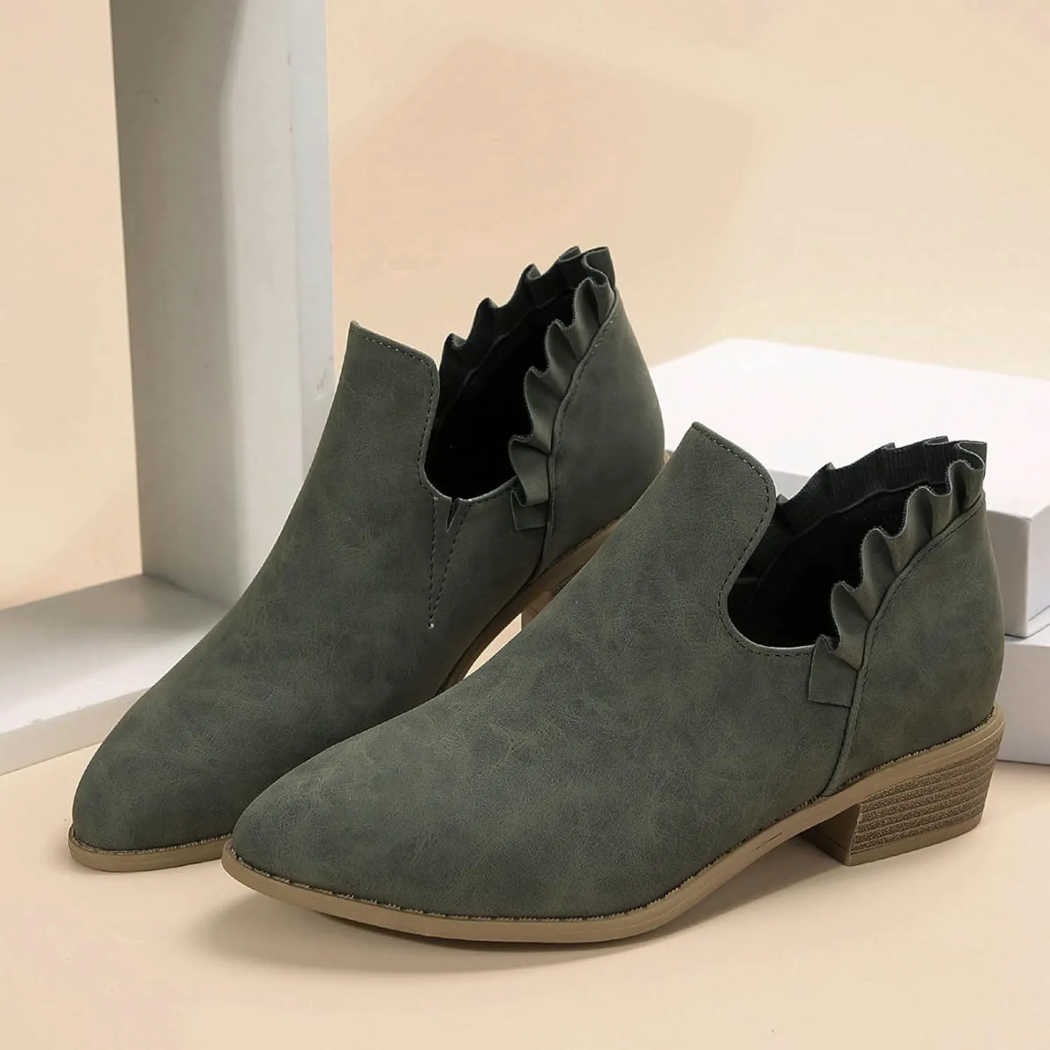 Ankle Boots for Women Chunky Stacked Low Heel Boots Fall Cutout Booties Causal Ruffle Slip On Dress Short Booties Shoes