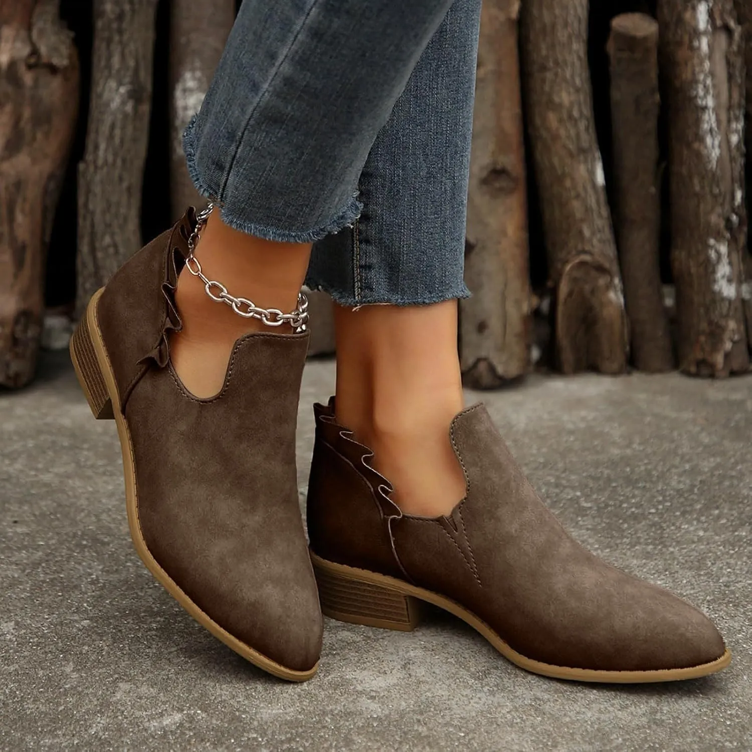 Ankle Boots for Women Chunky Stacked Low Heel Boots Fall Cutout Booties Causal Ruffle Slip On Dress Short Booties Shoes