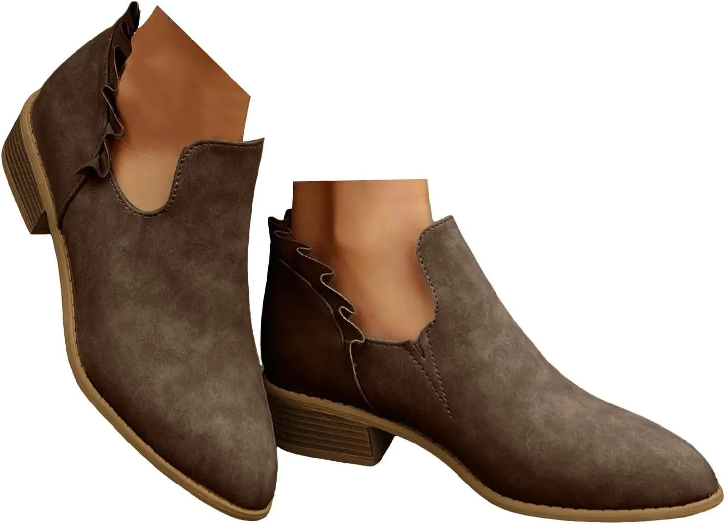 Ankle Boots for Women Chunky Stacked Low Heel Boots Fall Cutout Booties Causal Ruffle Slip On Dress Short Booties Shoes