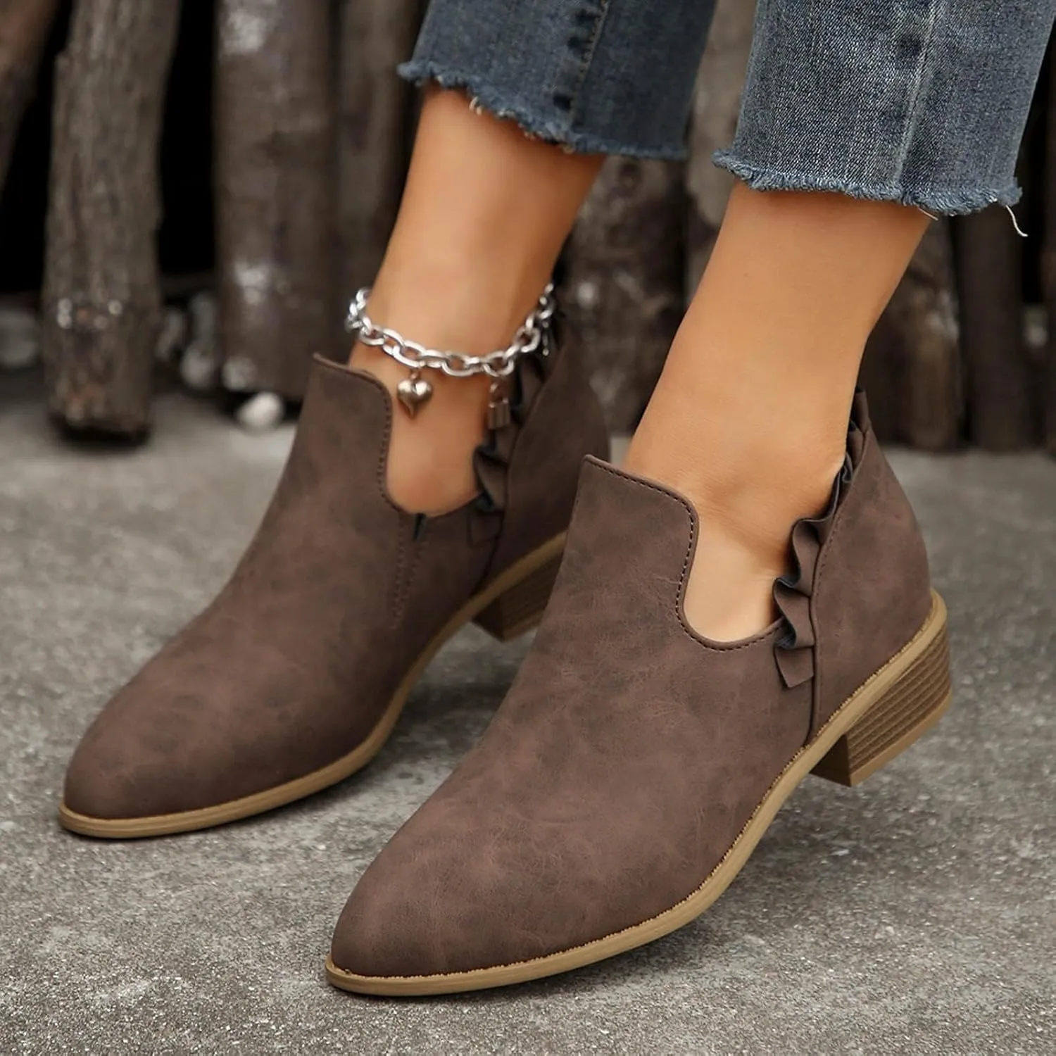 Ankle Boots for Women Chunky Stacked Low Heel Boots Fall Cutout Booties Causal Ruffle Slip On Dress Short Booties Shoes