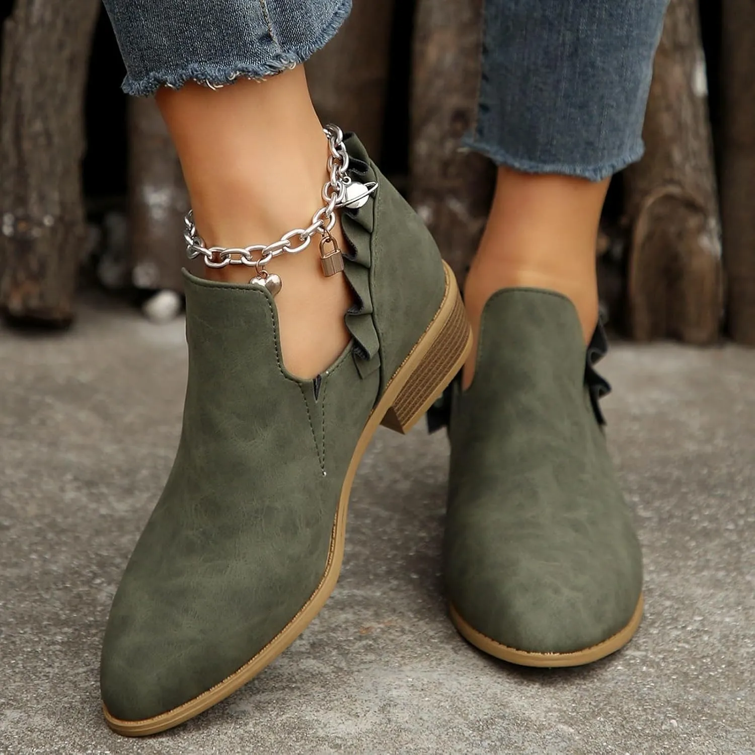 Ankle Boots for Women Chunky Stacked Low Heel Boots Fall Cutout Booties Causal Ruffle Slip On Dress Short Booties Shoes
