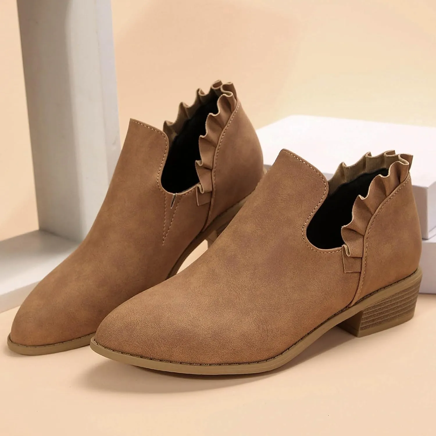 Ankle Boots for Women Chunky Stacked Low Heel Boots Fall Cutout Booties Causal Ruffle Slip On Dress Short Booties Shoes