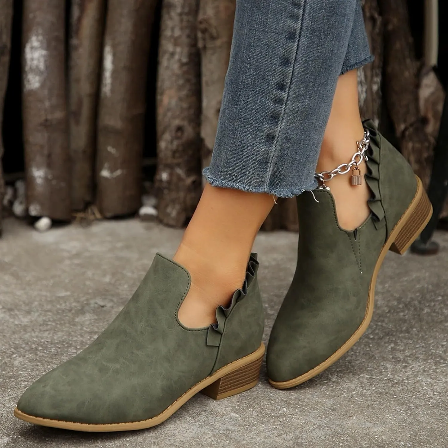 Ankle Boots for Women Chunky Stacked Low Heel Boots Fall Cutout Booties Causal Ruffle Slip On Dress Short Booties Shoes