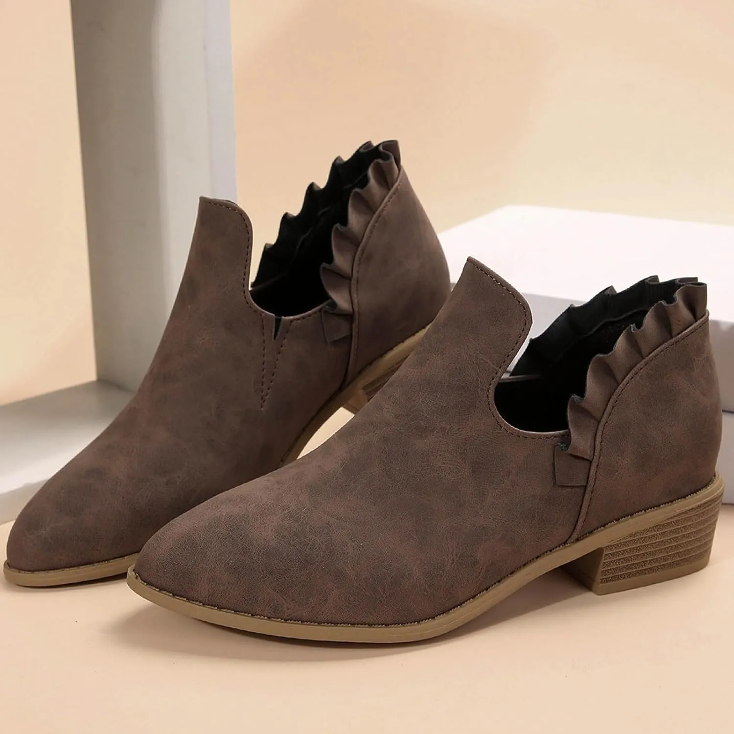 Ankle Boots for Women Chunky Stacked Low Heel Boots Fall Cutout Booties Causal Ruffle Slip On Dress Short Booties Shoes