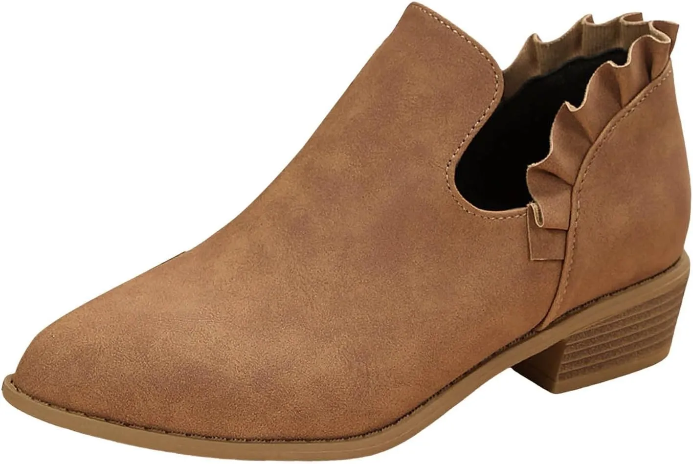 Ankle Boots for Women Chunky Stacked Low Heel Boots Fall Cutout Booties Causal Ruffle Slip On Dress Short Booties Shoes