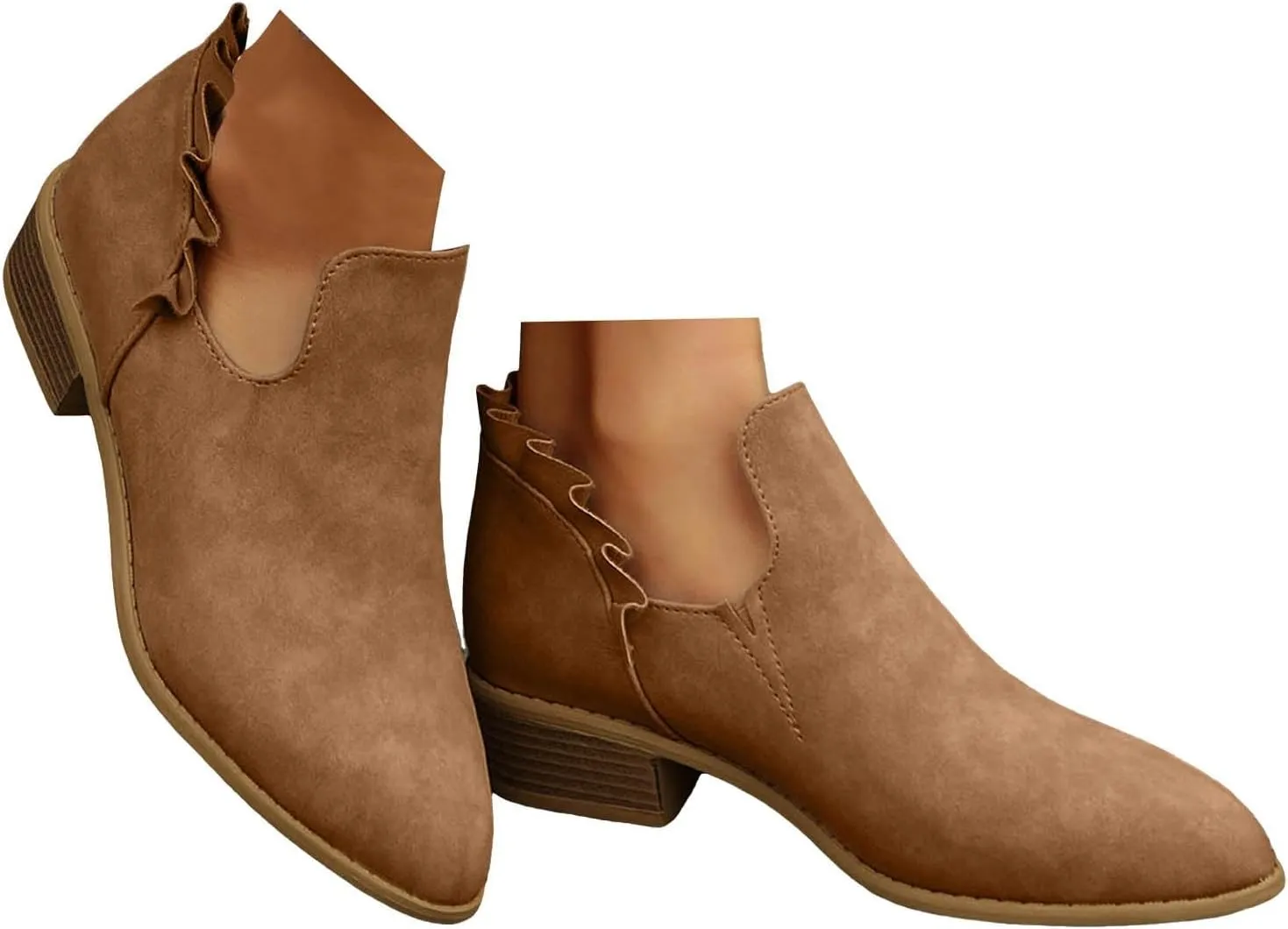 Ankle Boots for Women Chunky Stacked Low Heel Boots Fall Cutout Booties Causal Ruffle Slip On Dress Short Booties Shoes