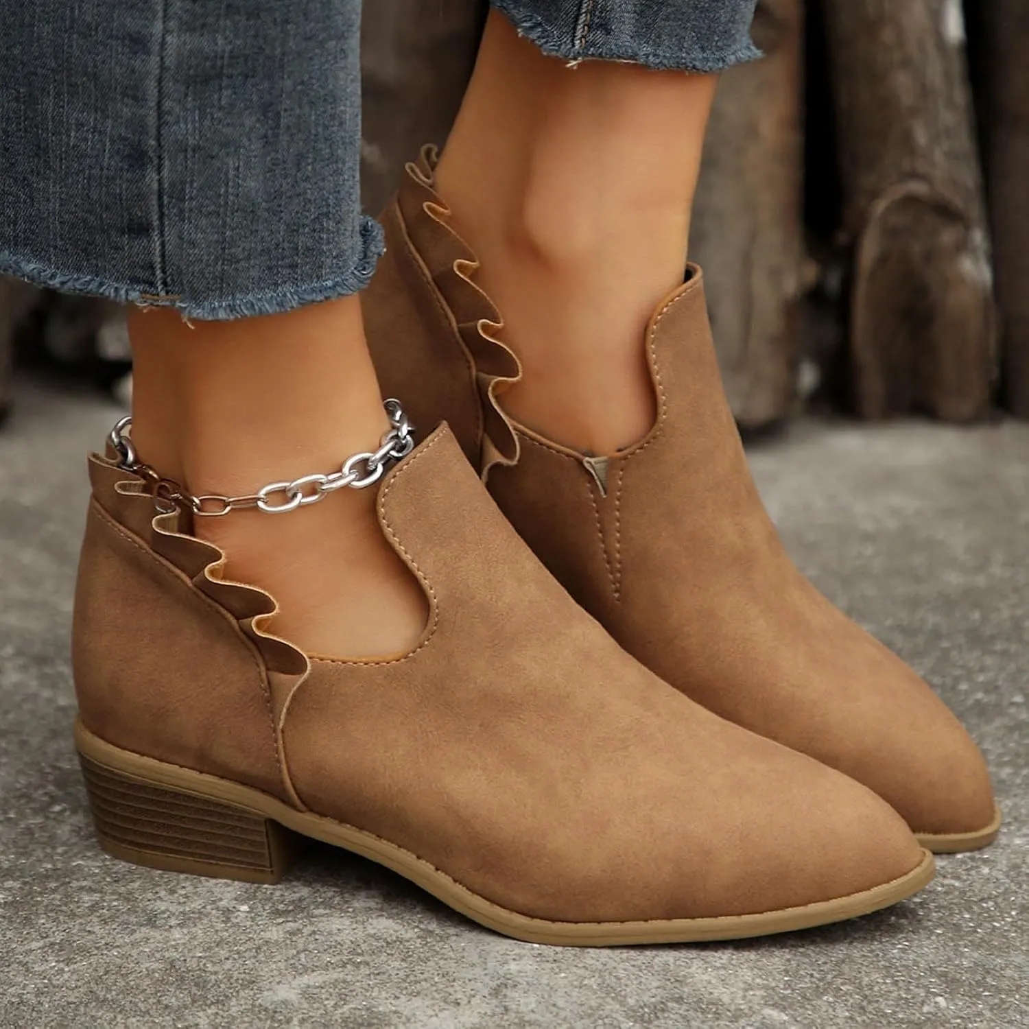 Ankle Boots for Women Chunky Stacked Low Heel Boots Fall Cutout Booties Causal Ruffle Slip On Dress Short Booties Shoes