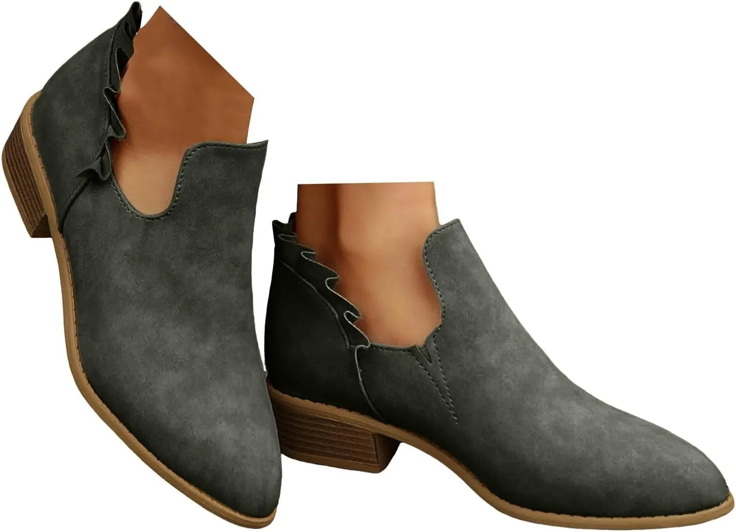 Ankle Boots for Women Chunky Stacked Low Heel Boots Fall Cutout Booties Causal Ruffle Slip On Dress Short Booties Shoes