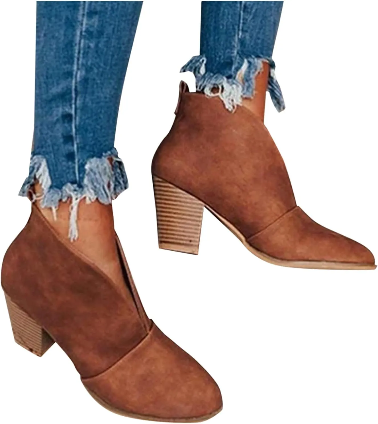 Ankle Boots for Women Front Deep V Cut Out Short Shoes Slip On Lightweight Comfort Non-Slip Chunky Stacked Heel Booties