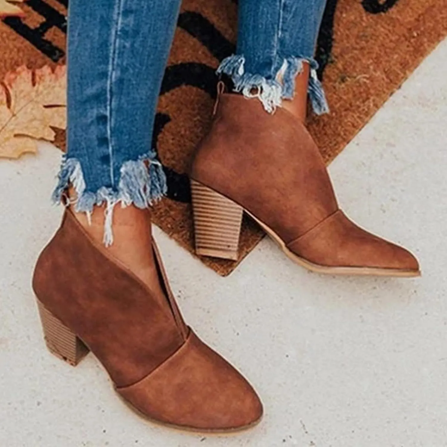 Ankle Boots for Women Front Deep V Cut Out Short Shoes Slip On Lightweight Comfort Non-Slip Chunky Stacked Heel Booties